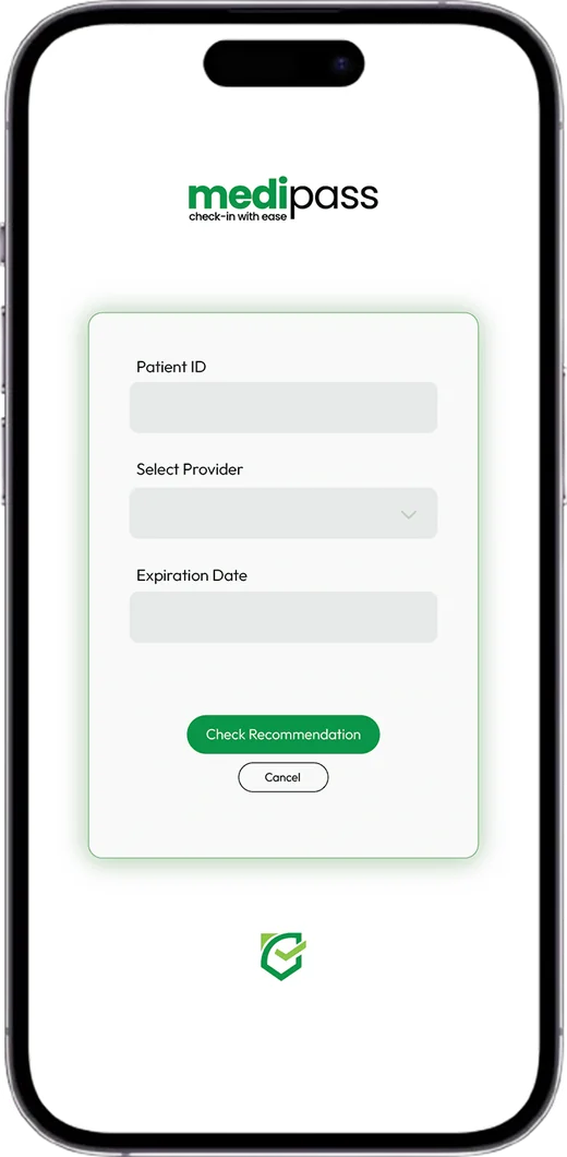 The MediPass app confirming patient ID, provider and expiration date