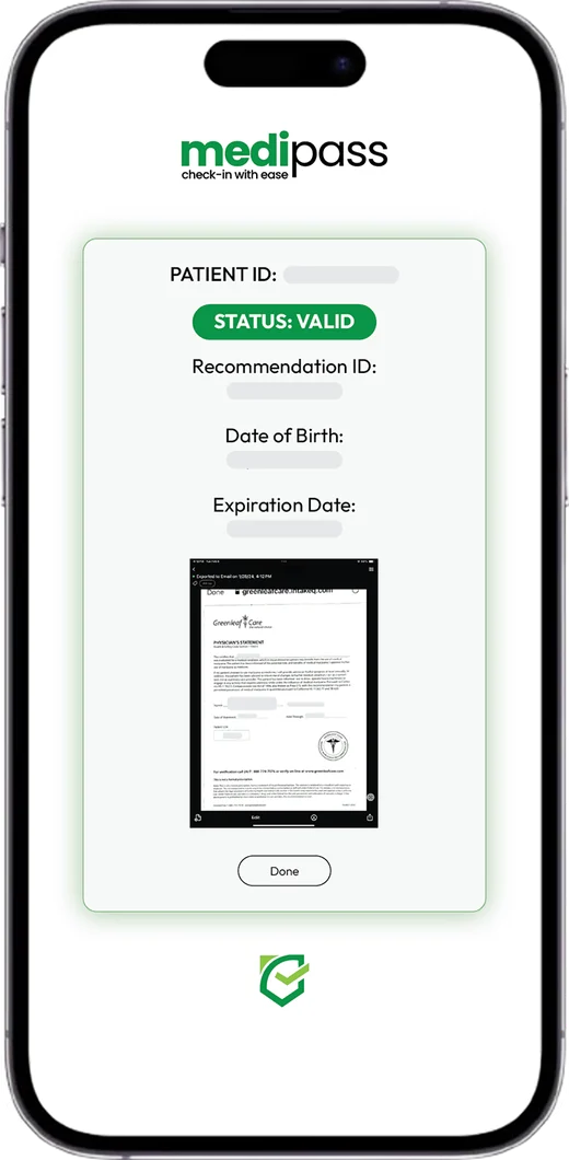 The MediPass app reporting a valid recommendation